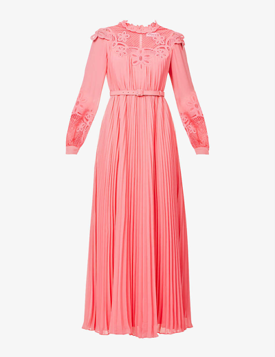 Shop Self-portrait Broderie-pattern Chiffon Maxi Dress In Pop Pink