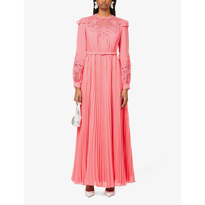 Shop Self-portrait Broderie-pattern Chiffon Maxi Dress In Pop Pink