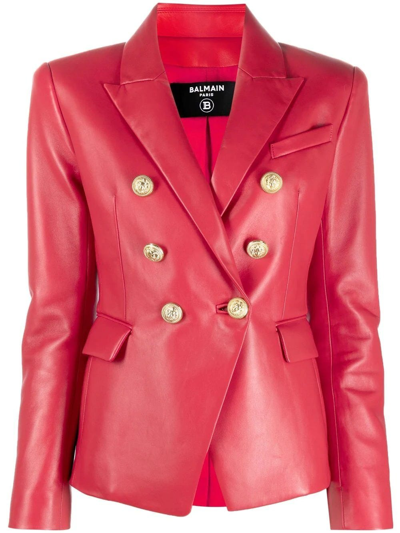 Shop Balmain Red Leather Double Breasted Blazer