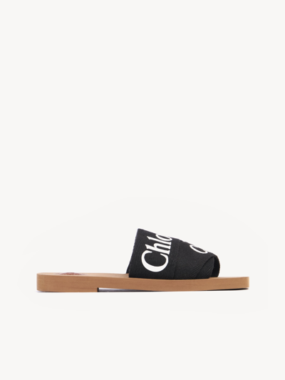 Shop Chloé Woody Flat Mule Black Size 5 90% Linen, 10% Polyester In Noir