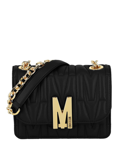 Shop Moschino M-plaque Leather Crossbody Bag In Black