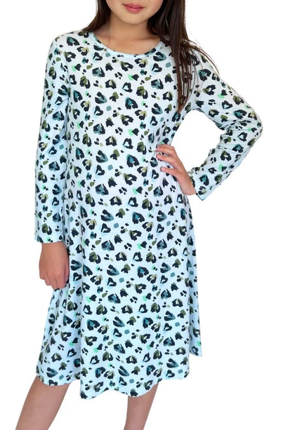 Shop Bellabu Bear Kids' Blue Leopard Long Sleeve Dress In Blue Leopard Print