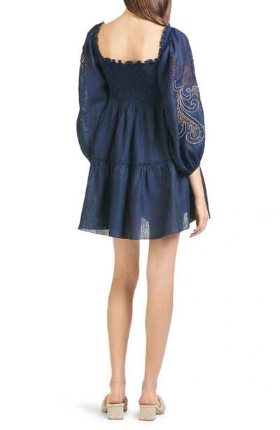Shop Sachin & Babi Lola Embroidered Smocked Long Sleeve Cotton Minidress In Midnight
