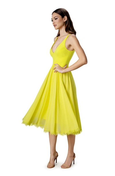 Dress The Population Alicia Mixed Media Midi Dress In Lemongrass