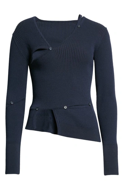Shop Jacquemus Le Cardigan Tordu Ribbed Cutout Sweater In Navy