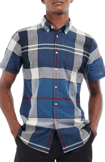 Shop Barbour Douglas Tailored Fit Plaid Short Sleeve Cotton & Linen Button-down Shirt In Summer Navy
