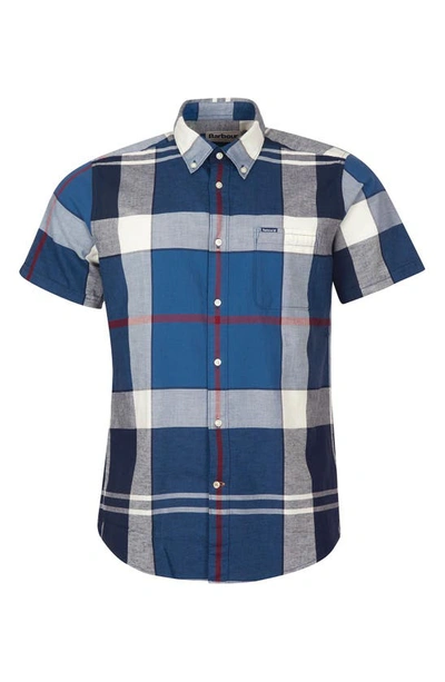 Shop Barbour Douglas Tailored Fit Plaid Short Sleeve Cotton & Linen Button-down Shirt In Summer Navy