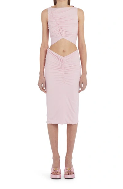 Shop Versace Ruched Georgette Midi Skirt In Rose