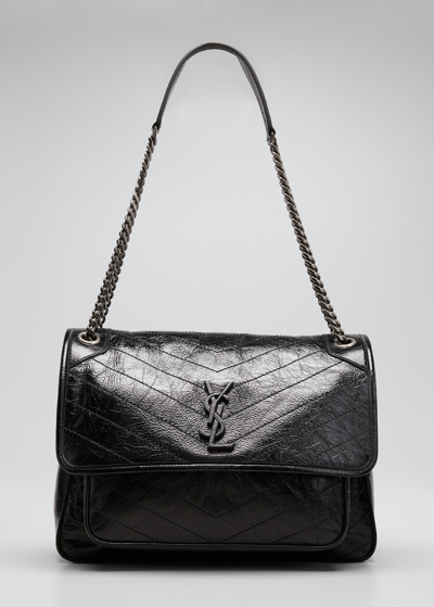 Shop Saint Laurent Niki Large Flap Ysl Shoulder Bag In Crinkled Leather In Black