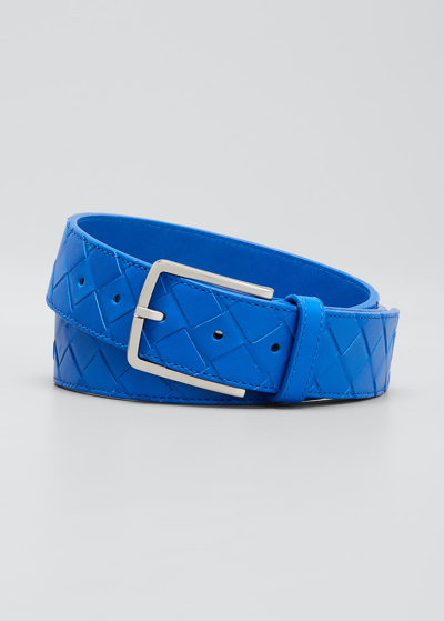 Shop Bottega Veneta Men's Cintura Intrecciato Leather Belt In Cobalt/ash