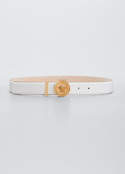 Shop Versace Medusa Coin Leather Belt In White Gold