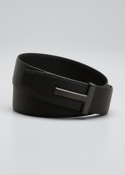 Shop Tom Ford Men's Reversible T-buckle Leather Belt, 40mm In Black