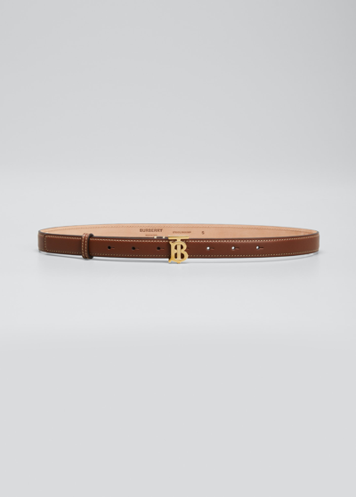 Shop Burberry Tb Calf Leather Skinny Belt In Tan Gold