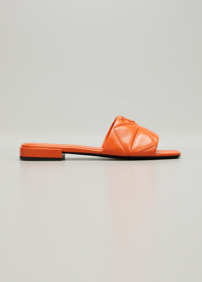 Shop Prada Quilted Lambskin Logo Flat Sandals In Papaya