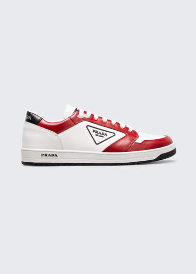 Prada Men's Avenue Bicolor Leather Low-top Sneakers In Bianco Scarlatto |  ModeSens