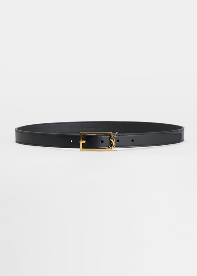 Shop Saint Laurent Ysl Croc-embossed Skinny Belt In Black/bronze
