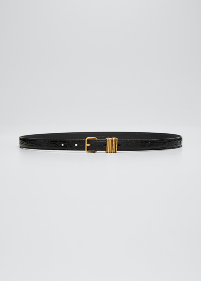 Shop Saint Laurent Croc-embossed Leather Skinny Belt In Black Bronze