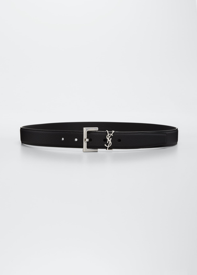 Shop Saint Laurent Ysl Grained Leather Belt In Black
