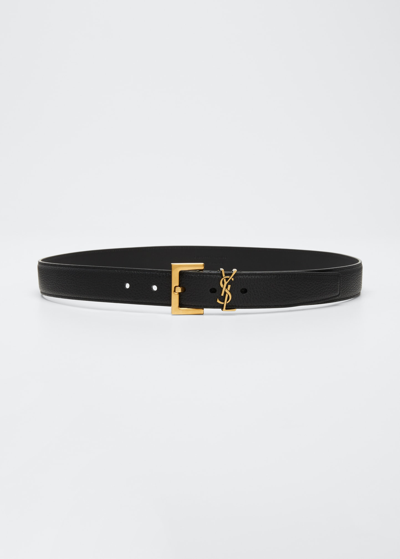 Shop Saint Laurent Ysl Calf Leather Belt In Black/bronze