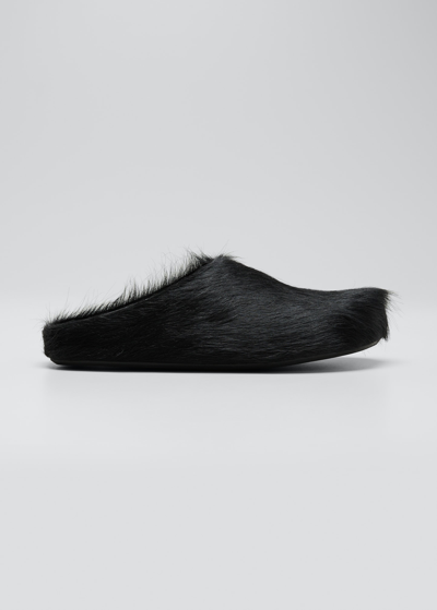 Shop Marni Men's Fussbett Calf Hair Sabot Mules In Black