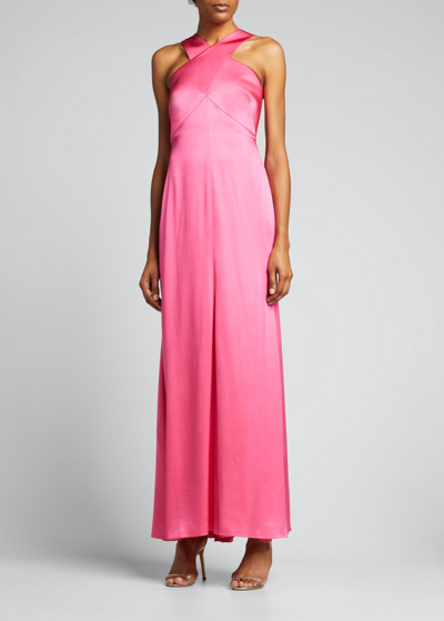 Shop Giorgio Armani Crisscross Halter Silk Gown In Pink