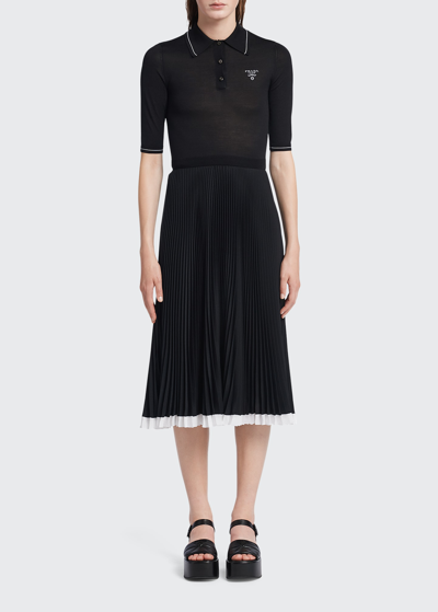 Shop Prada Pleated Polo Midi Dress In F0002 Nero