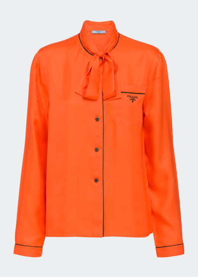 Shop Prada Scarf-tie Silk Blouse W/ Contrast Piping In F0049 Arancio