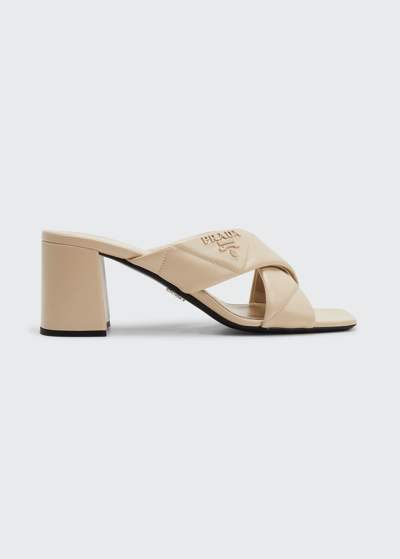 Shop Prada Quilted Lambskin Crisscross Slide Sandals In Deserto