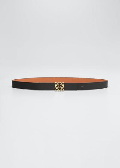 Shop Loewe Reversible Anagram Leather Belt In Tan/black Gold