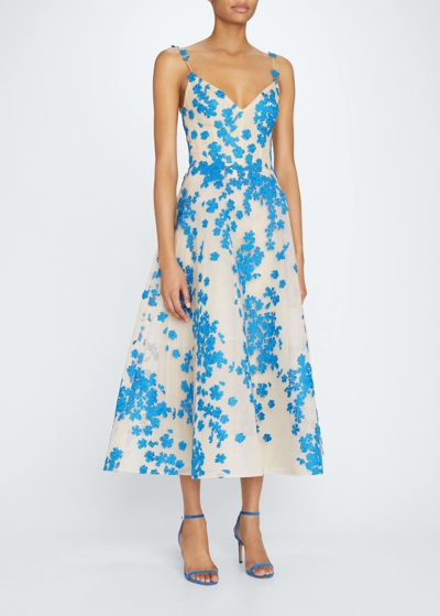 Shop Monique Lhuillier Floral-embroidered Tulle Midi Dress In Beigeelectric Blu