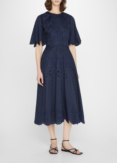 Shop Jason Wu Collection Eyelet Embroidered Scalloped Midi Dress In Navy