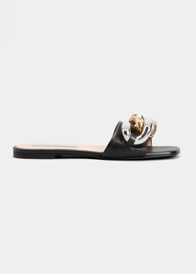 Shop Stella Mccartney Falabella Two-tone Chain Flat Sandals In 1000 Black