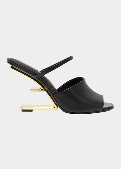 Shop Fendi 95mm Leather Metallic-heel Slide Sandals In Caramello Bag