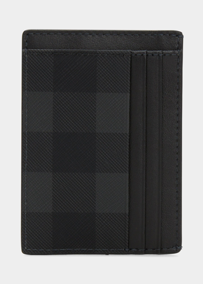 Burberry Men's Chase Check Card Holder W/ Money Clip In Charcoal