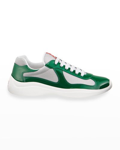 Shop Prada Men's America's Cup Patent Leather Patchwork Sneakers In Green