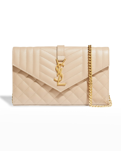 Shop Saint Laurent Envelope Triquilt Ysl Wallet On Chain In Grained Leather In Dark Beige