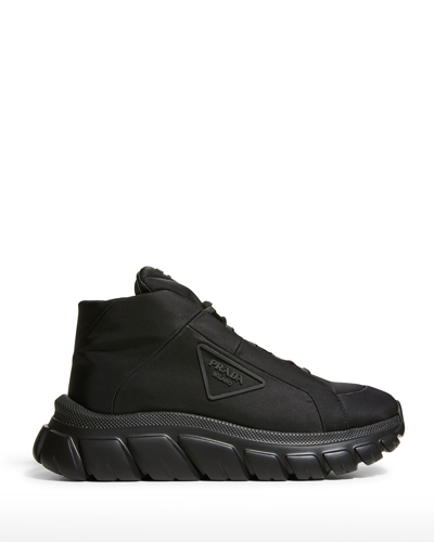 Shop Prada Nylon Lace-up Fashion Mid-top Sneakers In Nero