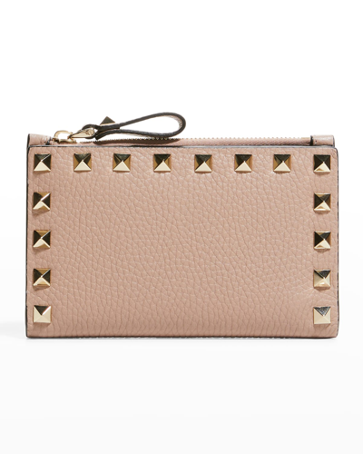 Shop Valentino Rockstud Leather Zip Coin Purse/card Holder In Poudre