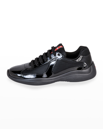 Shop Prada Men's America's Cup Patent Leather Patchwork Sneakers In Black
