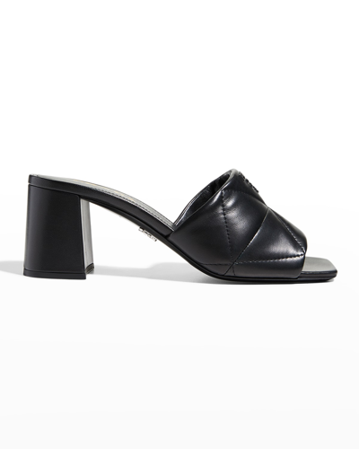 Shop Prada 65mm Quilted Leather Block-heel Slide Sandals In Nero