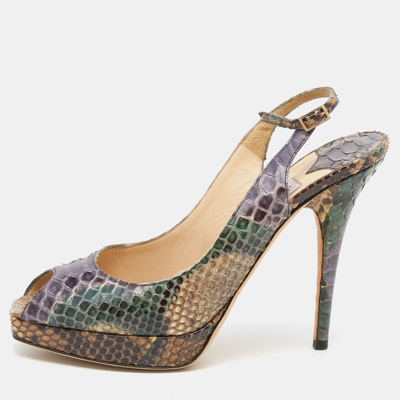 Pre-owned Jimmy Choo Multicolor Python Leather Peep Toe Platform Nova Slingback Sandals Size 39.5