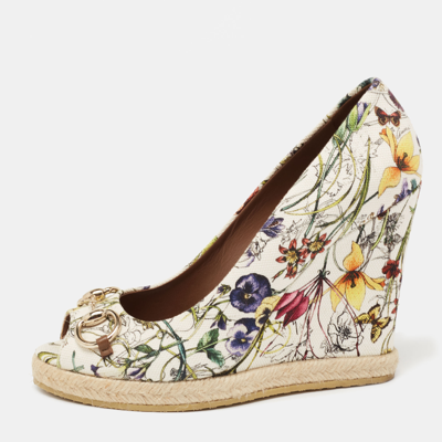 Pre-owned Gucci Multicolor Floral Print Canvas Horsebit Peep Toe Wedge Pumps Size 40