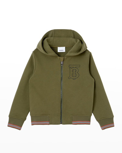 Shop Burberry Boy's Lester Embroidered Monogram Hooded Sweatshirt In Olive