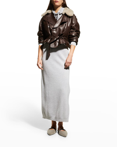 Shop Brunello Cucinelli Rib Wool Slit Pencil Skirt In C072 Pale Grey
