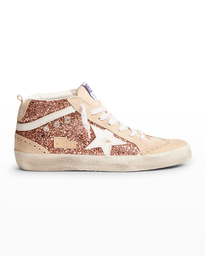 Shop Golden Goose Mid Star Brogue Glitter Suede Sneakers In Peach Pearl White
