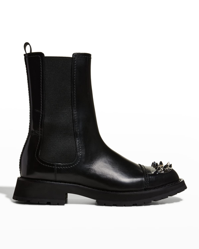 Shop Alexander Mcqueen Men's Spike-toe Leather Combat Boots In Blk/silver