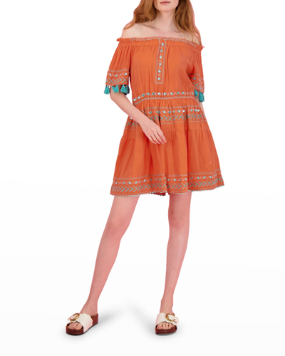 Shop Mer St. Barth Suri Embroidered Off-the-shoulder Mini Dress With Tassel Fringe In Tiger Lilly