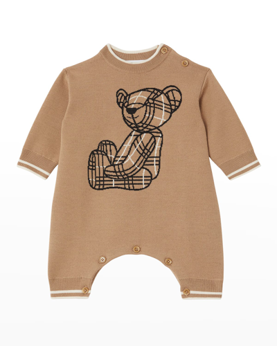 Shop Burberry Kid's Avrile Wool-cashmere Intarsia Bear Coverall & Hat Set In Archive Beige