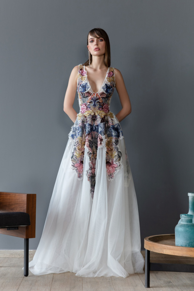 Shop Saiid Kobeisy Sleeveless Tulle Linen Printed Gown