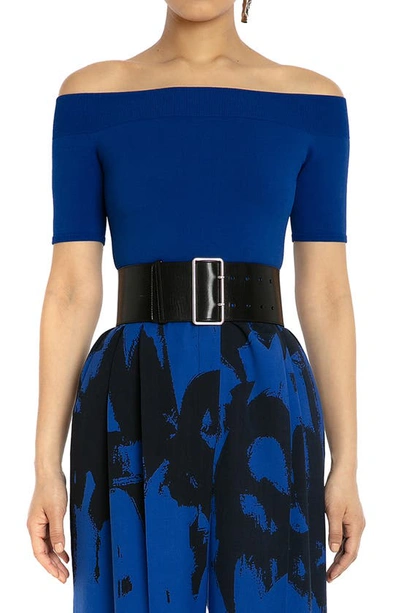 Shop Alexander Mcqueen Off The Shoulder Knit Top In Marine